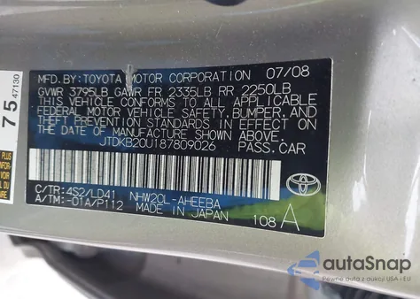 2008 Toyota Prius z USA, uszkodzony, nr VIN JTDKB20U187809026